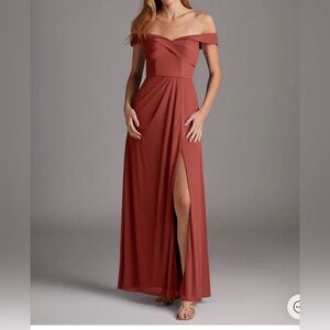Azazie Terracotta Elegant Off-Shoulder Rust Mesh Bridesmaid Dress